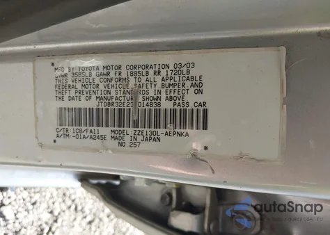 2003 Toyota Corolla Le z USA, uszkodzony, nr VIN JTDBR32E232014838